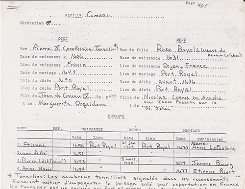 scan of the Université St. Anne provided genealogy for Pierre Comeau (1597)